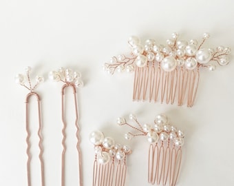 Choose rose gold, silver or gold pearl bridal hairpins. Dainty wedding hair clips. White ivory pearl bridal comb, jewellery, accessories