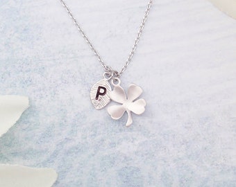 Personalized initial silver or gold lucky four leaf clover necklace. Dainty personalized clover leaf necklace. Good luck necklace