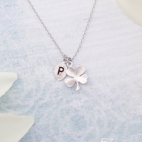 Personalized initial silver or gold lucky four leaf clover necklace. Dainty personalized clover leaf necklace. Good luck necklace