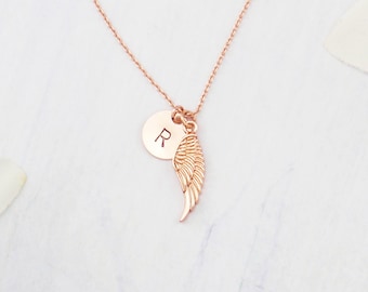 Personalized angel wing necklace. Choose rose gold, silver or gold. Dainty angel wing personalized initial necklace
