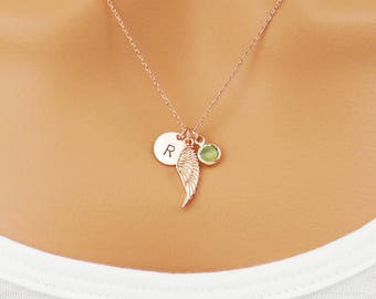 Personalized angel wing necklace. Choose rose gold, silver or gold. Dainty angel wing personalized initial necklace