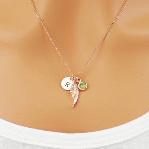 Personalized angel wing necklace. Choose rose gold, silver or gold. Dainty angel wing personalized initial necklace