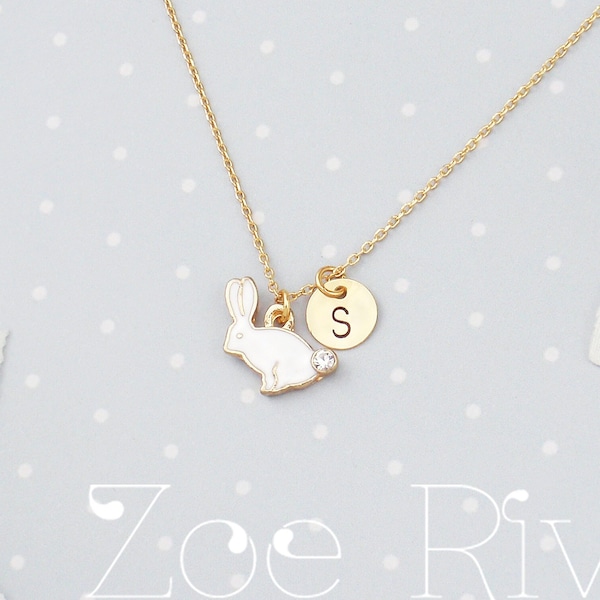 Gepersonaliseerde roze konijnenketting, gepersonaliseerde initiaal, sierlijke konijnenketting, elegant en zo schattig! Wit konijn, roze konijn, gouden konijn