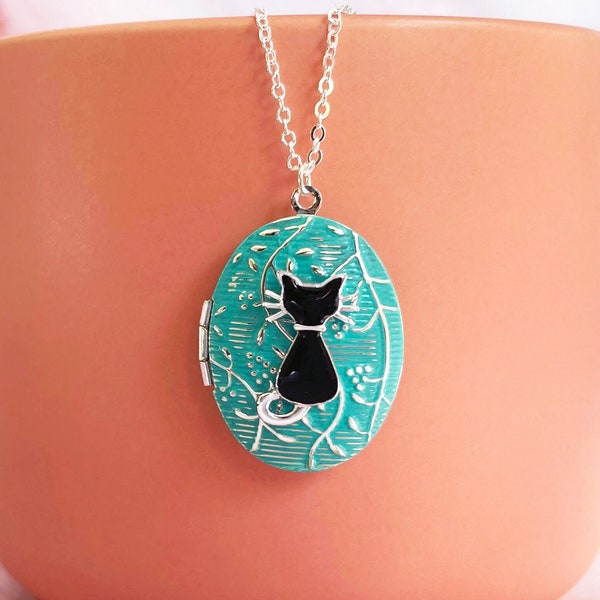 Personalized cat locket initial necklace. Turquoise black cat, white cat, silver gold locket necklace pet memorial remembrance, rabbit bunny