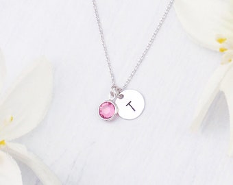 Personalized birthstone and initial necklace. Choose silver, gold or rose gold. Monogram necklace. Rose gold birthstone necklace.