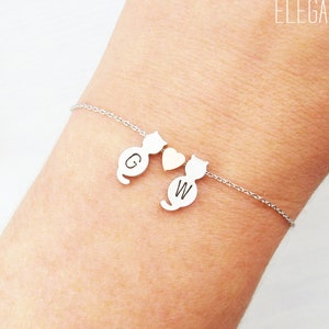 Choose rose gold, silver or gold cat bracelet. Personalized initials, Dainty 2 cat bracelet. Heart bracelet dainty small cat lover gift idea