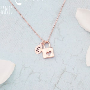 Choose rose gold, silver or gold heart lock necklace. Personalized initial rose gold heart necklace. Dainty love lock necklace.