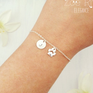 Personalized paw-print bracelet. Choose silver, gold rose gold, elegant puppy dog bracelet with Initial monogram. Dog lover gift idea.
