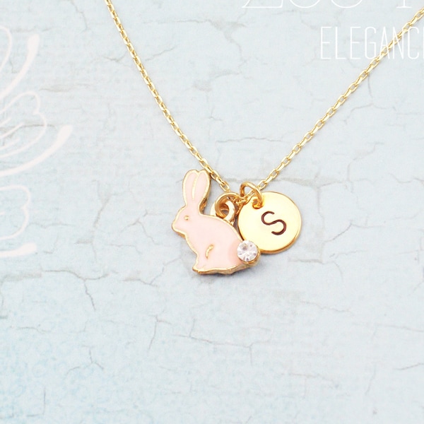 Gepersonaliseerde roze konijnenketting, gepersonaliseerde initiaal, sierlijke konijnenketting, elegant en zo schattig! Wit konijn, roze konijn, gouden konijn