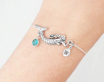 Personalized mermaid bracelet. Birthstone and initial silver mermaid bracelet. Elegant and dainty bracelet. Mermaid jewellery