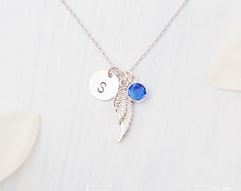 Personalized angel wing birthstone necklace. Choose rose gold, silver or gold. Dainty angel wing personalized initial necklace