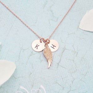 Personalized angel wing necklace. Choose rose gold, silver or gold. Dainty angel wing personalized initial necklace