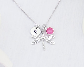 Personalized silver dragonfly initial and birthstone necklace. Personalized dragonfly necklace. Dainty, small silver initial necklace.