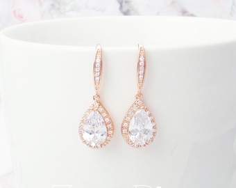 925 sterling silver ear posts. Choose rose gold or silver crystal teardrop earring and or necklace set. Wedding jewelry set. Diamond earring