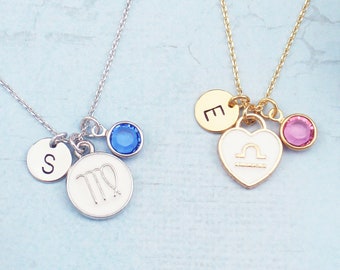 Personalized starsign birthstone initial necklace. Choose silver or gold. Dainty astrology personalised engraved monogram necklace