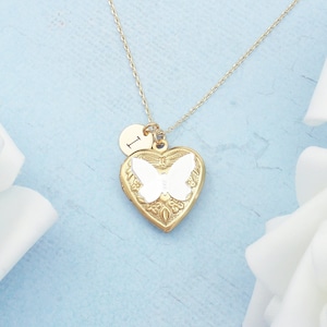 Silver, gold or rose gold butterfly heart locket necklace. Dainty personalised initial locket necklace. Silver locket necklace.
