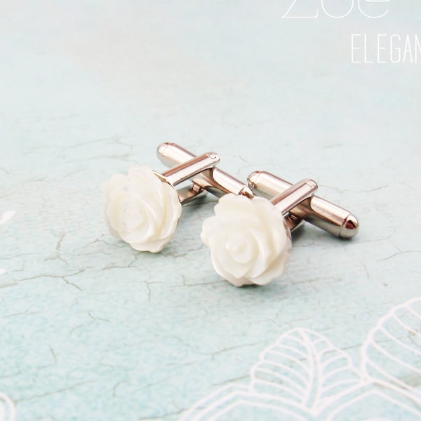 White real shell rose cufflinks. Fathers day gift. Groom gift. Groomsman gift. Father of the bride. Flower cufflinks. Wedding cufflinks.