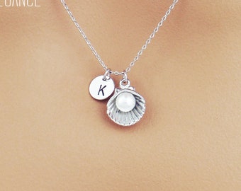 Personalized initial and seashell pearl necklace. Personalized dainty necklace. Clam sea shell necklace. Blue green pink or purple necklace