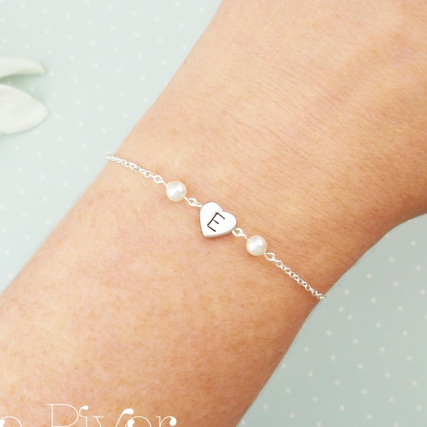 Choose rose gold, silver or gold personalized heart bracelet with pearls. Elegant dainty bridesmaid bracelet