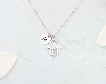 Choose silver or gold hamsa necklace. Personalized initial hamsa necklace. Good luck necklace.