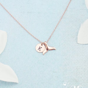 Choose rose gold, silver or gold personalized initial whale tail fin necklace. fish necklace. Gift for water lover, swimmer, scuba diver.