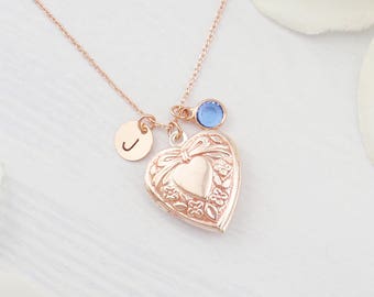 Personalized rose gold heart locket necklace. Birthstone locket necklace. Rose gold initial monogram locket necklace.