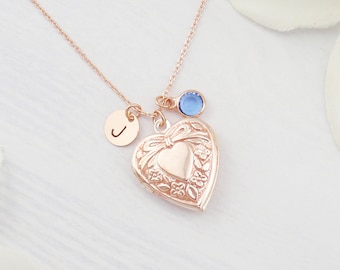 Gepersonaliseerde roségouden hart medaillon ketting. Geboortesteen medaillon ketting. Roségouden ketting met initialenmonogram.