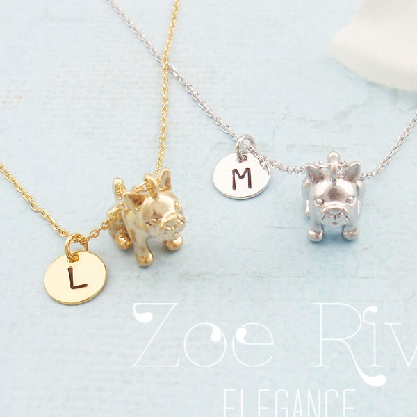 Personalized french bulldog necklace. Choose silver or gold dainty french bulldog and initial necklace. Dog necklace