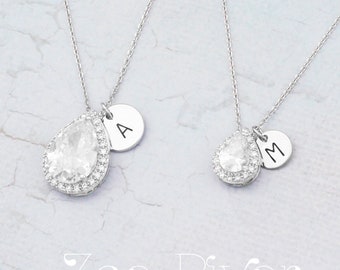 Personalized mother daughter cubic zirconia teardrop necklaces, choose rose gold or silver. Dainty mother daughter initial necklaces.