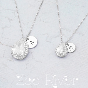Personalized mother daughter cubic zirconia teardrop necklaces, choose rose gold or silver. Dainty mother daughter initial necklaces.