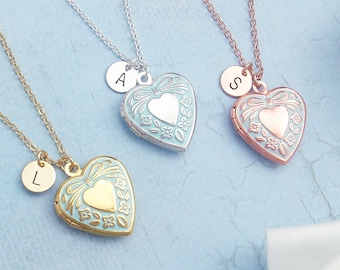 Personalized heart locket necklace. Choose silver, gold or rose gold with pale aqua turquoise patina and personalized initial. Photo locket