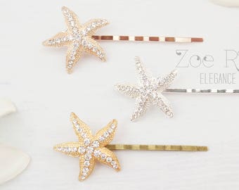 Starfish hairpins. Choose rose gold, silver or gold. Beach wedding hair clips. Rose gold sea star hair pins