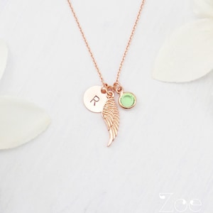 Personalized angel wing and birthstone necklace. Choose rose gold, silver or gold. Dainty angel wing personalized initial necklace