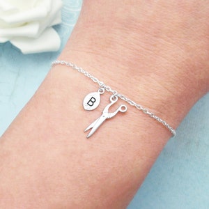 Choose silver or gold personalized dainty scissors bracelet. Elegant initial hairdresser hair stylist, beauty school graduation gift idea