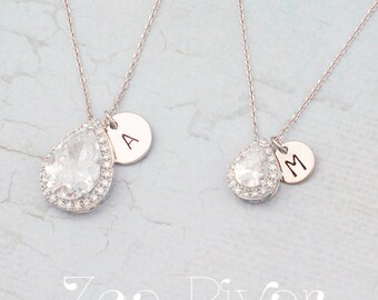 Personalized mother daughter cubic zirconia teardrop necklaces, choose rose gold or silver. Dainty mother daughter initial necklaces.