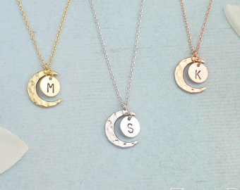 Choose rose gold, gold or silver personalized moon necklace. Dainty moon and initial necklace pendant. Elegant rose gold moon necklace