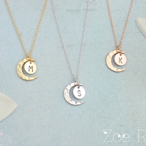 Choose rose gold, gold or silver personalized moon necklace. Dainty moon and initial necklace pendant. Elegant rose gold moon necklace