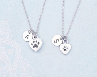 Personalized paw print heart necklace. Silver initial and paw print necklace. Dainty heart paw print necklace. Cat, dog, letter, monogram