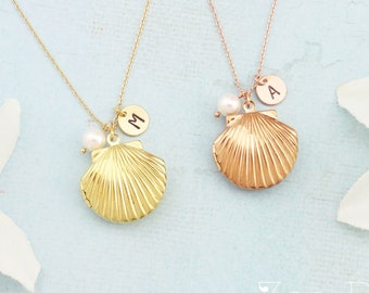 Personalized scallop shell locket. Choose gold or rose gold, initial monogram locket necklace. White pearl clam shell locket.