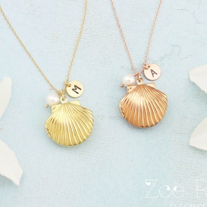 Personalized scallop shell locket. Choose gold or rose gold, initial monogram locket necklace. White pearl clam shell locket.