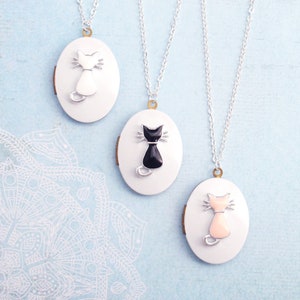 Cat locket necklace. Choose bee, butterfly, cat or elephant. White locket necklace. Honey bee locket, black cat, white cat, pink cat