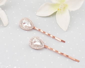 Rose gold crystal bridal hairpins. Elegant wedding hair clips. Rose gold bridal hair pin