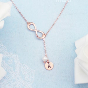 Personalised initial infinity necklace. Choose silver, gold or rose gold. Elegant and dainty infinity necklace. White pearl lariat style image 1