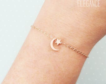 I love you to the moon and back bracelet. dainty rose gold moon and star bracelet. Elegant and dainty rose gold bracelet