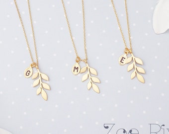 Choose gold or silver personalised initial leaf branch necklace. Dainty initial necklace. Bridesmaids gift