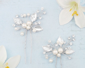 Choose silver or gold bridal hairpins. Dainty leaf, crystal and pearl wedding hairpins. Elegant white ivory clear bridal hair barrette U pin