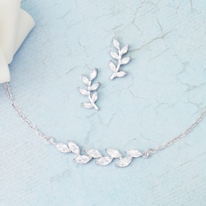 Dainty silver crystal leaf vine branch earrings, bracelet, necklace. Bride, wedding, prom, bridesmaid, jewellery set, The Aysha Set.