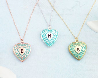 Personalized heart locket necklace. Choose silver, gold or rose gold with turquoise patina and personalized initial. Photo locket