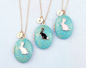 Personalized rabbit or cat locket initial necklace. Turquoise black, white gold silver locket necklace. Pet memorial remembrance, bunny