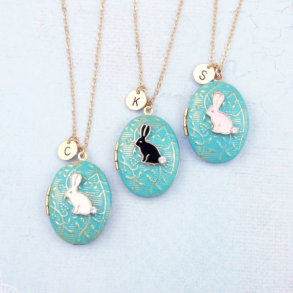 Personalized rabbit or cat locket initial necklace. Turquoise black, white gold silver locket necklace. Pet memorial remembrance, bunny